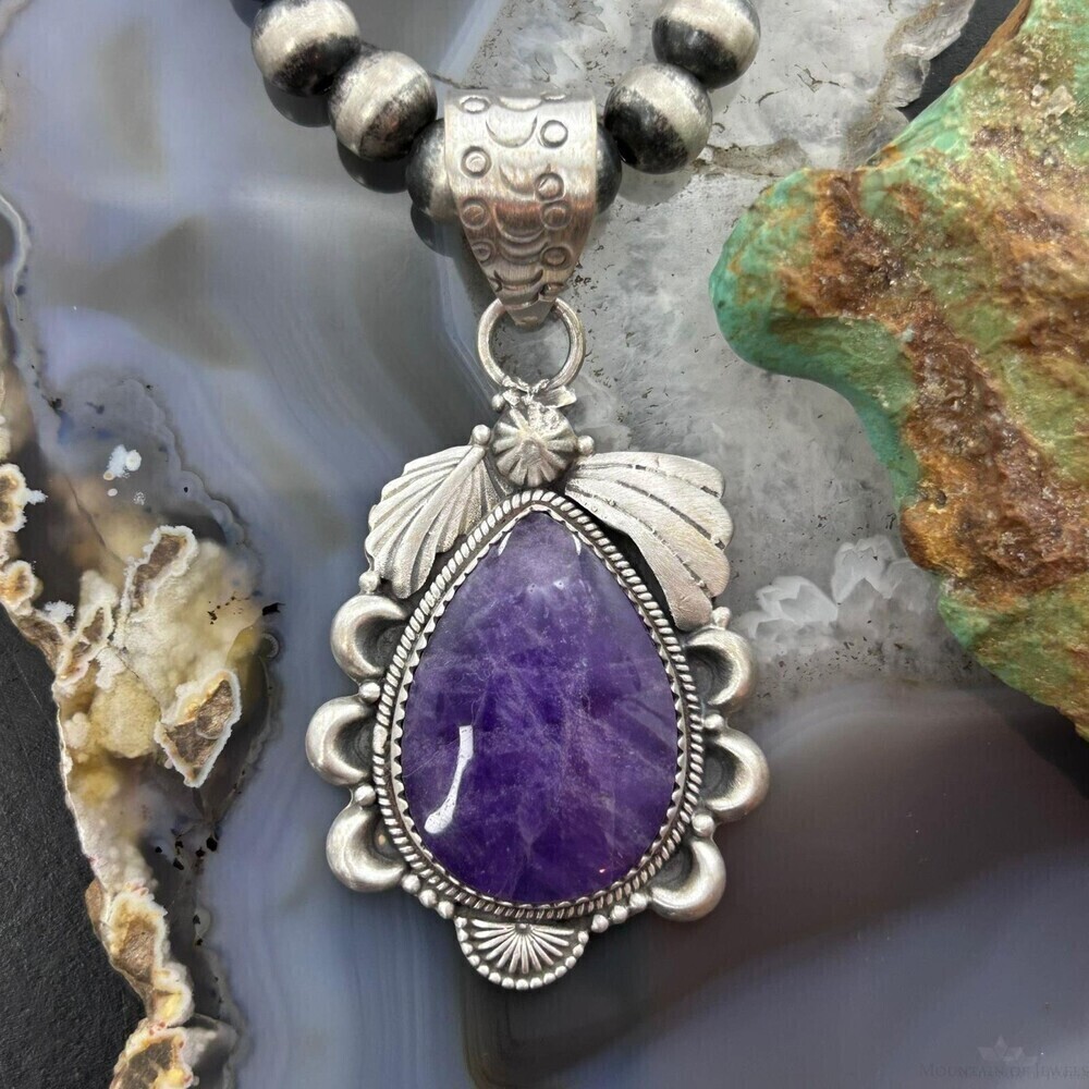 Sterling Silver Southwestern Style Teardrop Charoite Decorated Pendant For Women